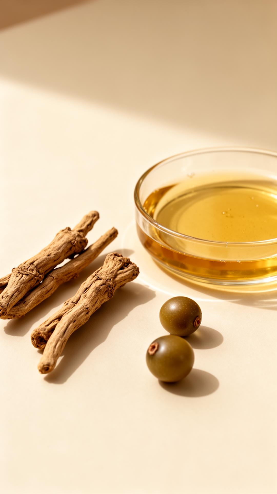 Ashwagandha root and amla berries beside a glass petri dish